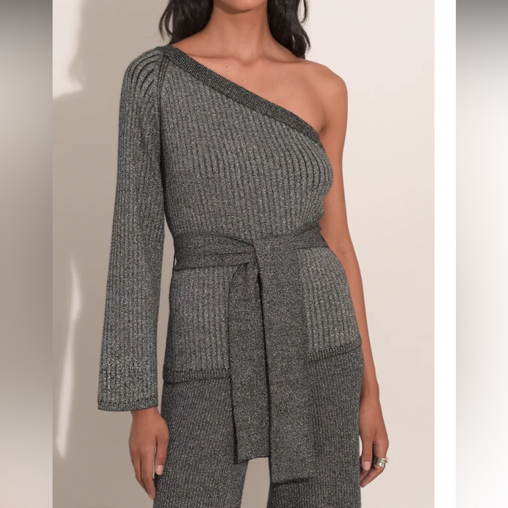 Eleven-Six Gunmetal Silver Metallic NOVA One Shoulder Knit Sweater NWT